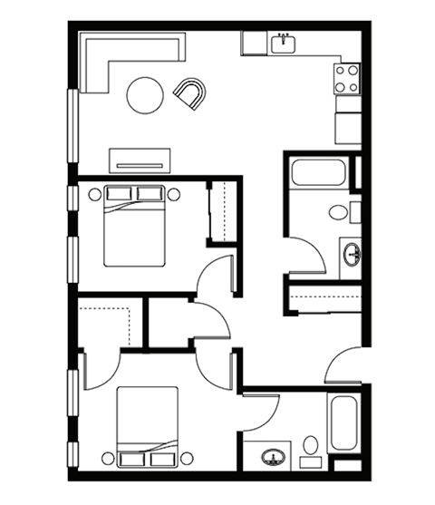 Floor plan for 2 beds, 2 baths, 930 sqft